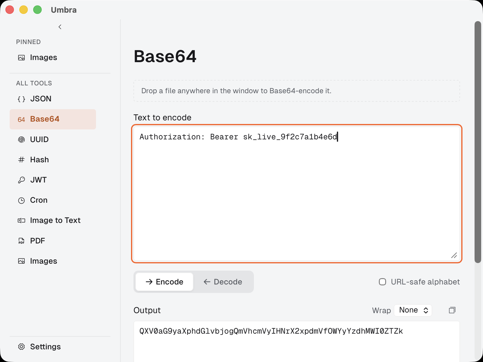 Umbra's Base64 tool encoding a header value, with a drop zone for files above the text input.