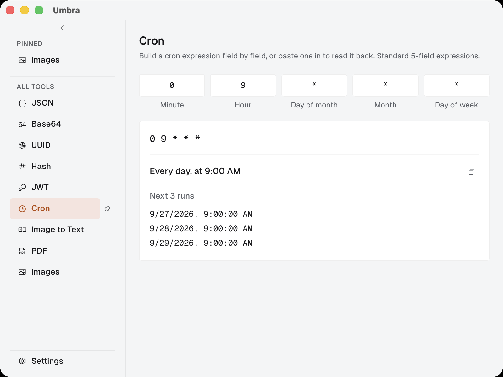 Umbra's Cron tool showing a guided 5-field schedule, its plain-language description, and its next three run times.