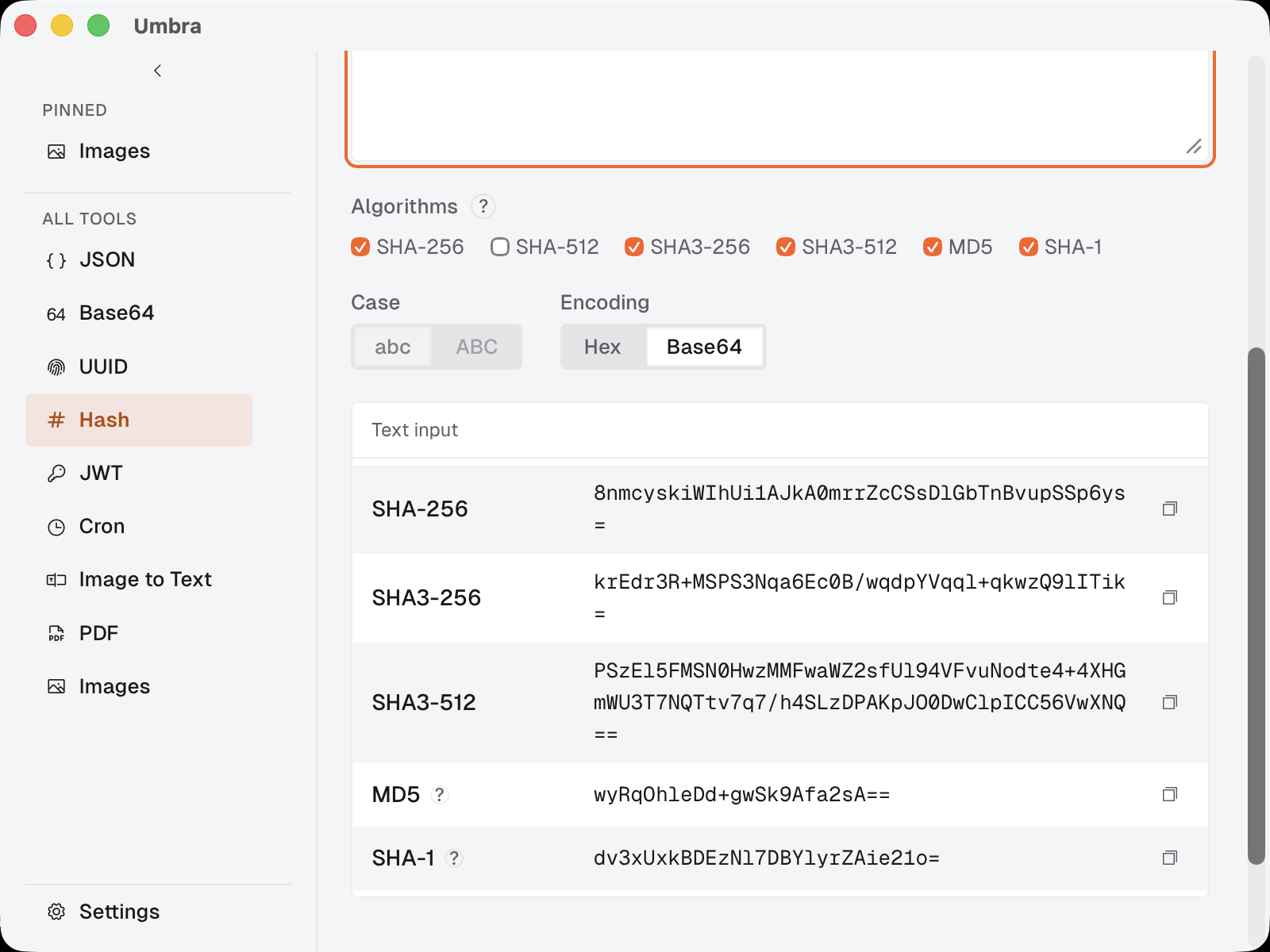 Umbra's Hash tool showing SHA-256, SHA3-256, SHA3-512, MD5, and SHA-1 digests of a text input, in Base64 encoding.