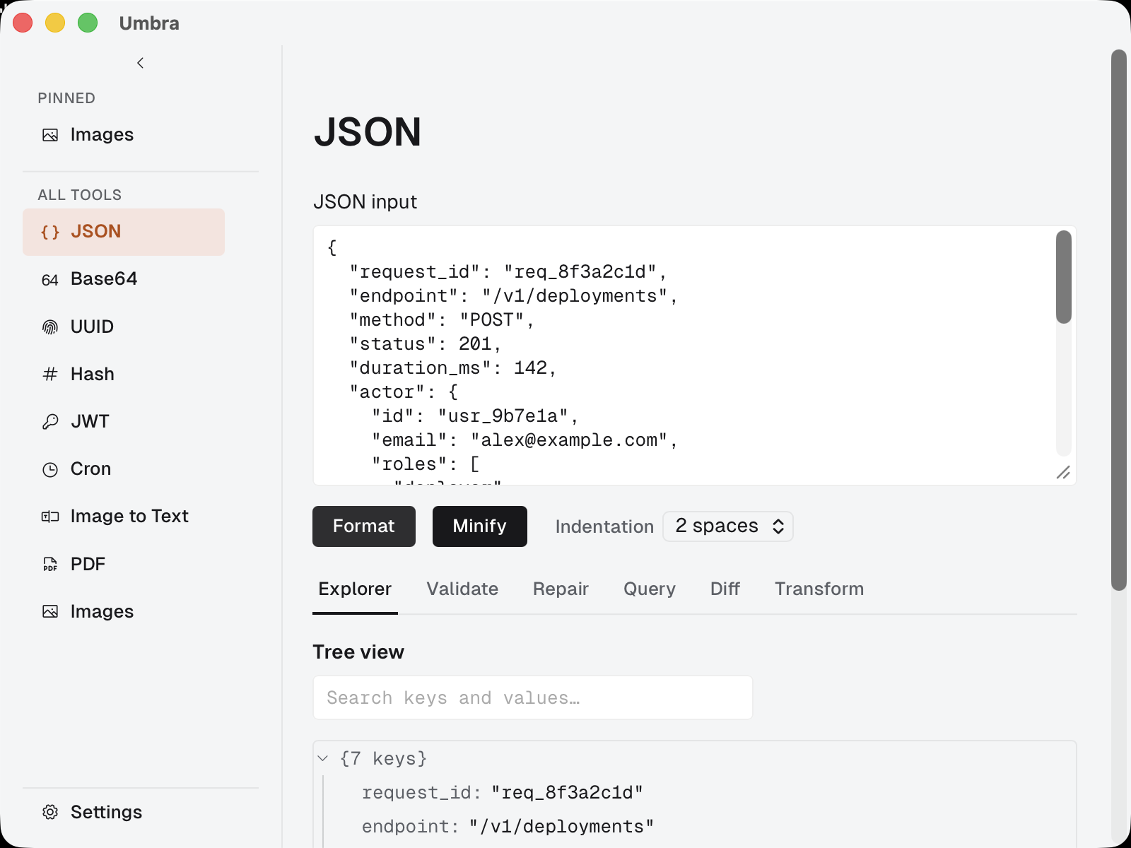 Umbra's JSON tool showing a request payload in the Explorer tab's searchable tree view.