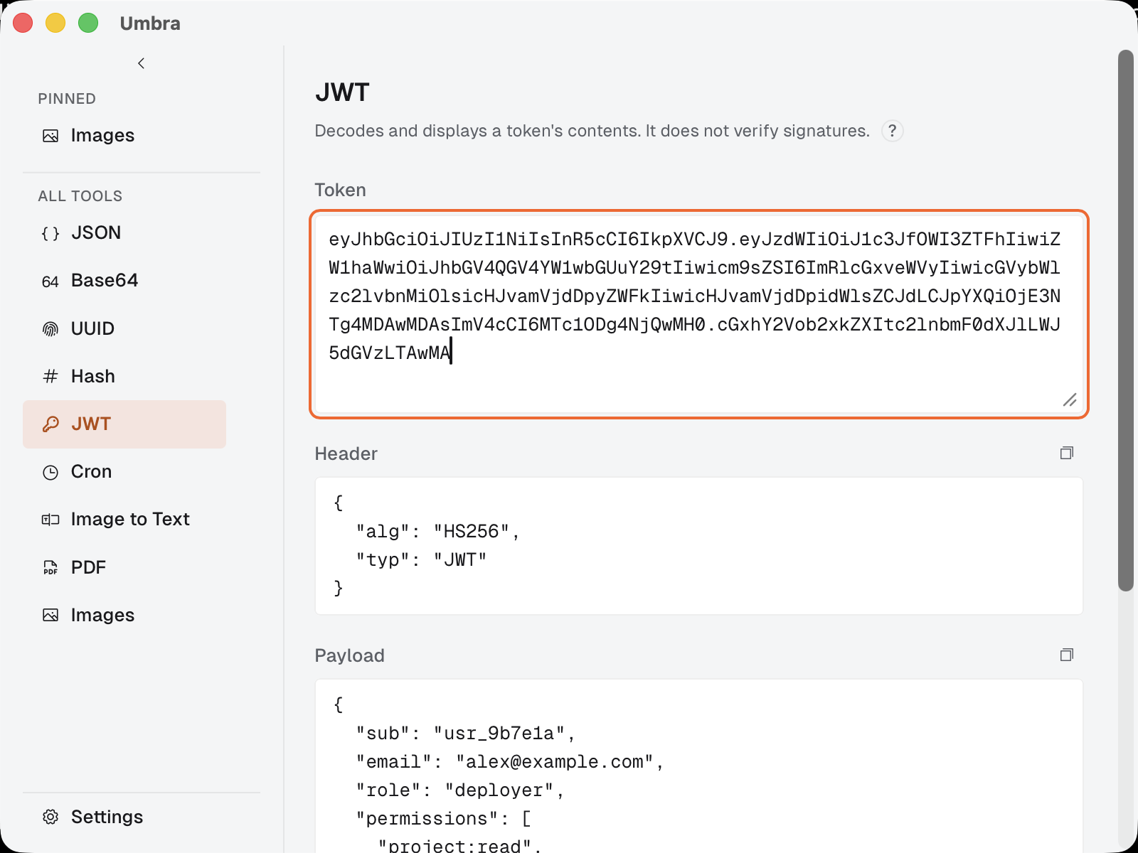 Umbra's JWT tool showing a decoded token's header and payload.