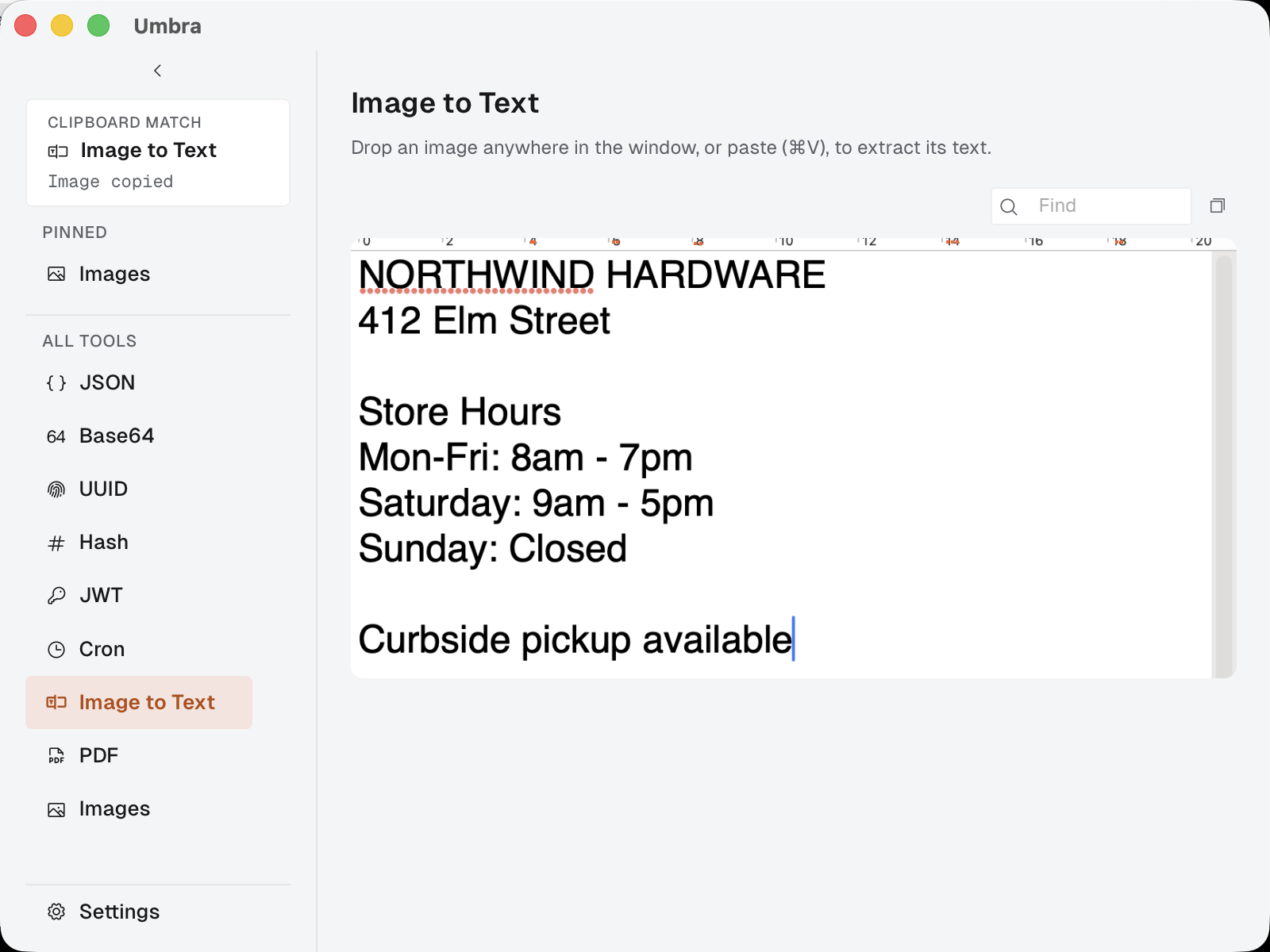 Umbra's Image to Text tool showing recognized text selectable directly on top of a scanned image.