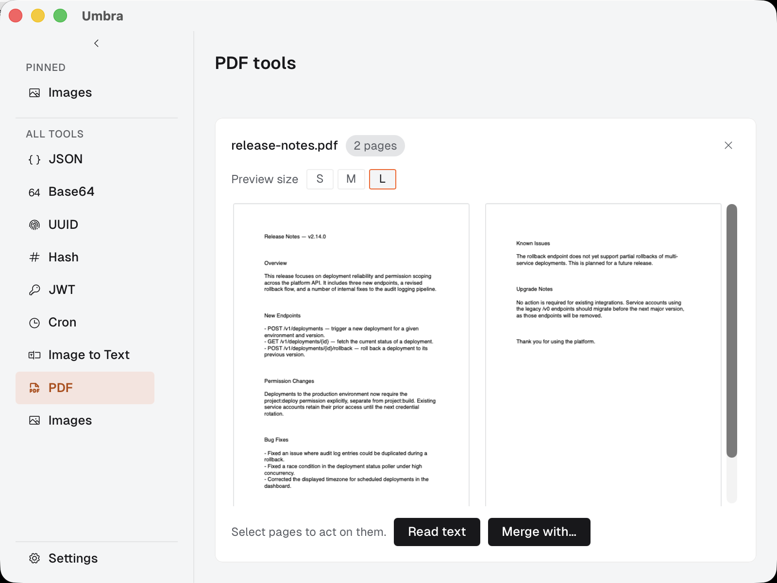 Umbra's PDF tool showing large page previews of a two-page document with Read Text and Merge actions.