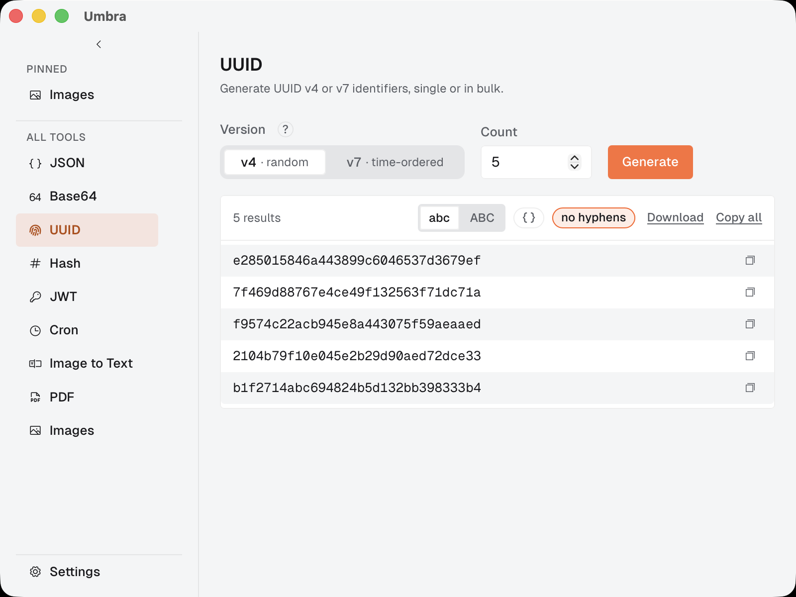 Umbra's UUID tool showing five generated v4 identifiers with case and hyphen formatting options.